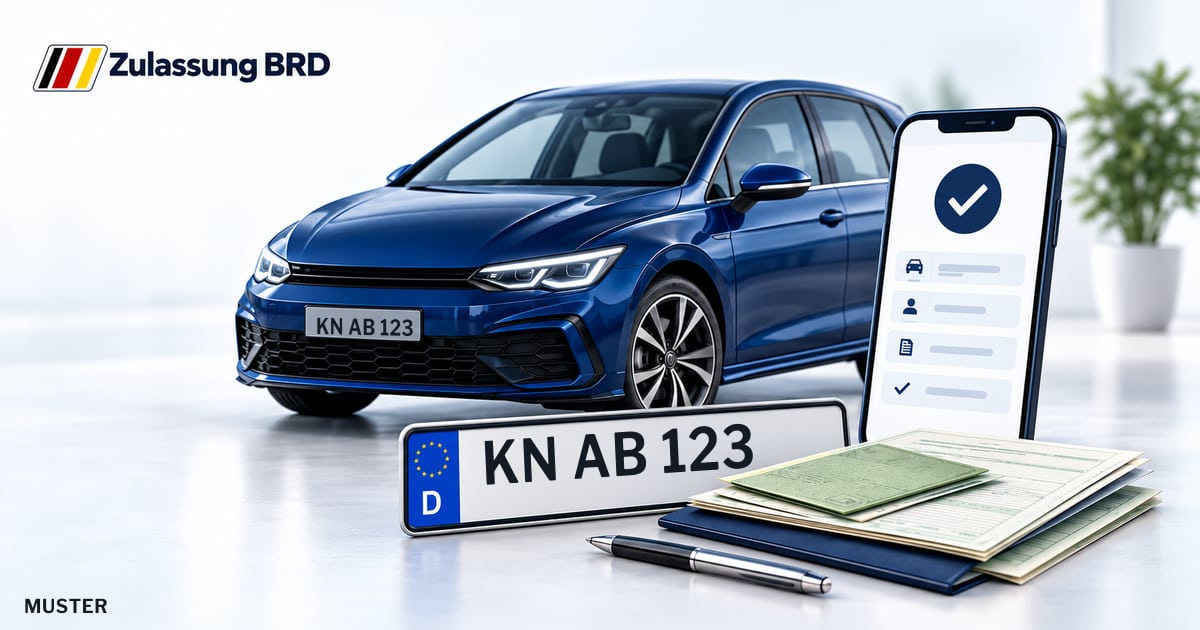 Online Fahrzeugzulassung in Gottmadingen: Musterkennzeichen KN AB 123, Auto und Fahrzeugpapiere und Smartphone. Illustration mit Logo von Zulassung BRD.